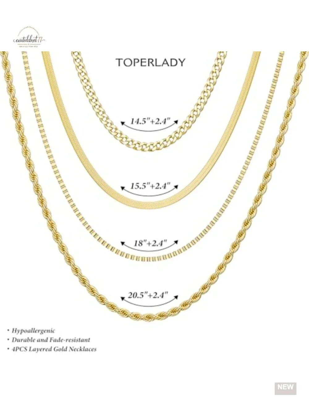 4-Piece 14K Gold Plated Dainty Layering Necklace Set with Adjustable Extenders